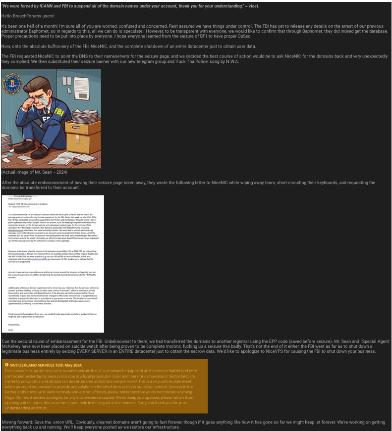 Zrzut ekranu z wyjaśnieniem ShinyHunters dotyczącym odzyskania dostępu do domeny Breachforums.